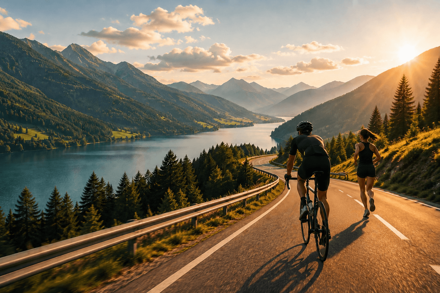 Radfahrer und Läufer unterwegs in der Natur