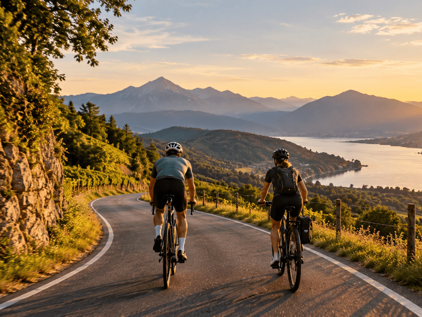 Zwei Radfahrer auf der Straße am See bei Sonnenuntergang (KI-generiert)